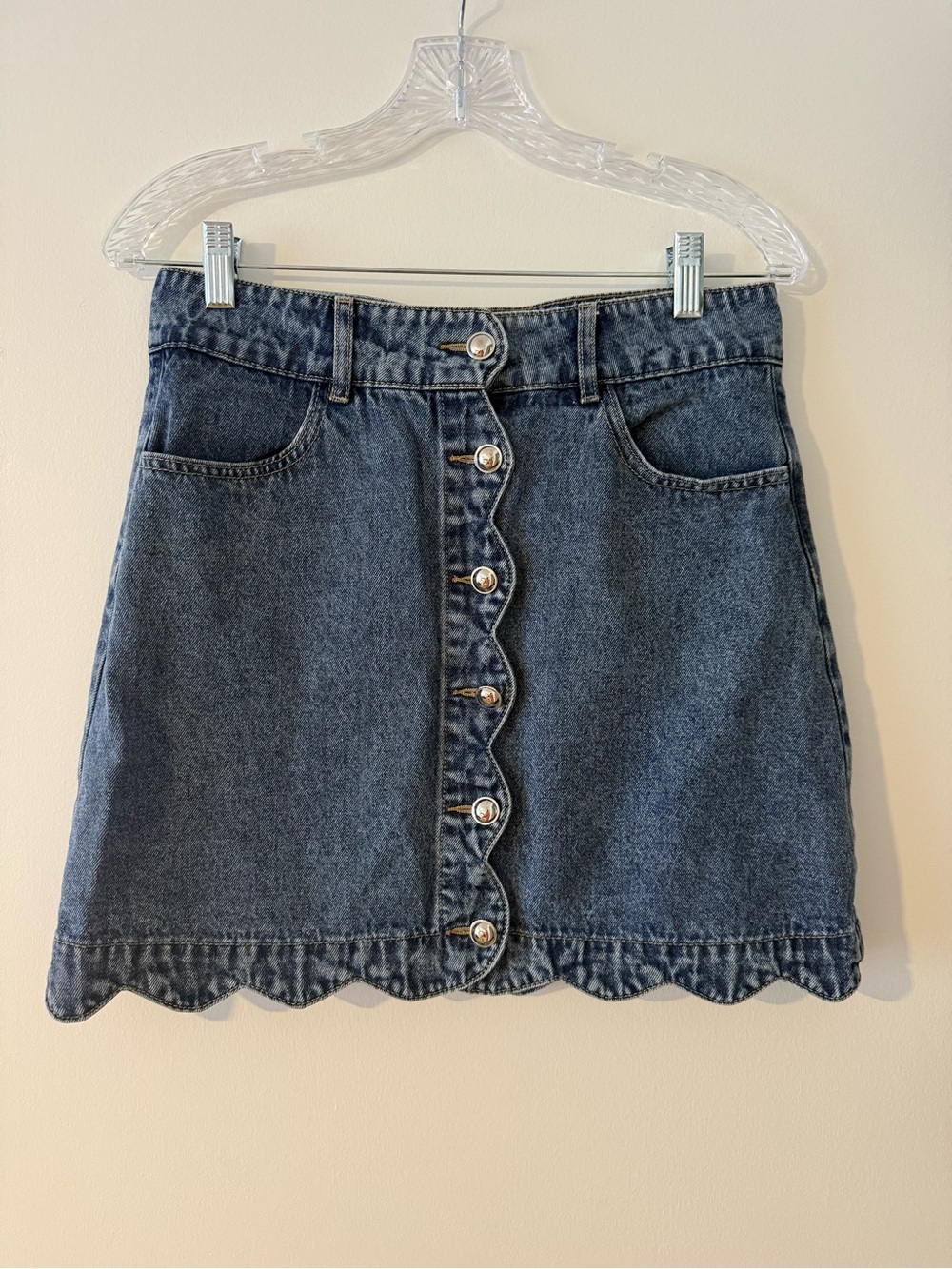 Harper Heritage Button Front Denim Mini Skirt Scalloped Hem Medium Wash Size M